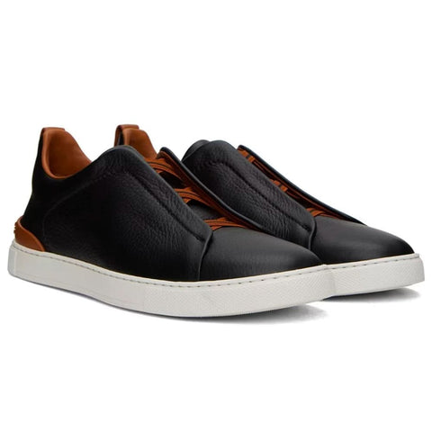 ZEGNA Black & Brown Deerskin Triple Stitch Sneakers - DUBAI ALL STAR